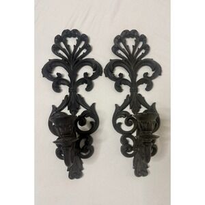 Vtg 2 Burwood Wall Sconces Ornate Hollywood Regency Black Scroll Candle Holders